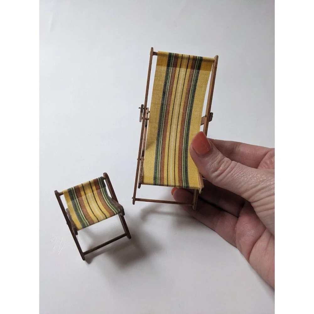 Vintage‎ Dollhouse Miniature Folding Beach Patio Outdoor Chaise Lounge Furniture